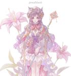  1girl animal_ears cat_ears cat_girl closed_mouth commentary commission dress flower frills hair_flower hair_ornament hat highres leaf looking_at_viewer maccha_(mochancc) nail_polish original plant purple_hair staff tagme white_background yellow_eyes 