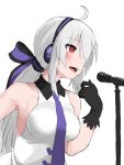  1girl ahoge armpits bare_shoulders black_gloves breasts commentary gloves hair_ribbon hand_up headphones heart heart_print highres large_breasts long_hair looking_to_the_side microphone microphone_stand music nishikino_kee open_mouth ponytail red_eyes ribbon shirt singing sleeveless sleeveless_shirt solo vocaloid white_background white_hair white_shirt yowane_haku 