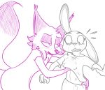  anthro anthro_on_anthro blush breast_grab breasts buckteeth canid canine clothed clothing disney duo female female/female fox fur hand_on_breast judy_hopps mammal mrs._wilde navel one_ear_up open_mouth red_fox shirt simple_background t-shirt teeth topwear visiti white_background zootopia 