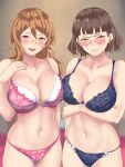  2girls arm_under_breasts blue_bra blue_panties blurry blurry_background blush bra breasts brown_eyes brown_hair cleavage closed_mouth collarbone glasses highres kantai_collection large_breasts light_brown_hair lingerie littorio_(kantai_collection) long_hair looking_at_viewer multiple_girls navel open_mouth panties pink_bra pink_panties roma_(kantai_collection) shingyo short_hair smile standing underwear underwear_only 