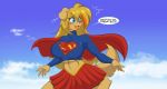  abs anthro big_breasts blonde_hair blue_eyes breasts canid canine canis cloud cosplay domestic_dog female hair long_hair mammal mastergodai midriff open_mouth sky solo super_girl superhero superhero_costume superman_(series) yuriko 