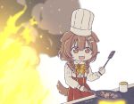  1girl bone_hair_ornament brown_eyes brown_hair cooking dog_girl eyebrows_visible_through_hair fire food frying_pan hololive inugami_korone kukie-nyan long_sleeves low_twin_braids spatula stove virtual_youtuber 