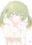  1girl alternate_hair_length alternate_hairstyle bare_shoulders camisole collarbone commentary finger_to_mouth giryu green_eyes green_hair hatsune_miku light_blush light_smile medium_hair petals solo spaghetti_strap twintails upper_body vocaloid white_camisole 