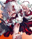  1girl animal_ear_fluff animal_ears barefoot blood blurry blurry_background commentary_request crazy_eyes detached_sleeves fingernails gradient gradient_background hand_up hat hisuipechika holding holding_sword holding_weapon injury inubashiri_momiji japanese_clothes leg_up looking_at_viewer nail open_mouth orange_eyes pom_pom_(clothes) red_headwear saliva sharp_fingernails sharp_teeth sharp_toenails short_hair simple_background slit_pupils solo sword teeth toenails tokin_hat tongue touhou v-shaped_eyebrows weapon white_hair wide_sleeves 