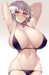  1girl armpits arms_behind_head arms_up bangs bikini black_bikini blush breasts cleavage closed_mouth collarbone commentary_request eyebrows_visible_through_hair fate/grand_order fate_(series) jeanne_d&#039;arc_(alter)_(fate) jeanne_d&#039;arc_(fate)_(all) large_breasts looking_at_viewer navel short_hair shunichi silver_hair solo stomach swimsuit tsurime yellow_eyes 