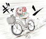  1boy bicycle chachamaru_(doubutsu_no_mori) doubutsu_no_mori full_body ground_vehicle horns no_humans open_mouth pun sheep sheep_horns shirt simple_background sin_moriyama solo tears tie-dye white_background 