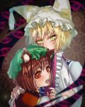  2girls abstract abstract_background animal_ears blonde_hair blurry brown_hair cat_ears chen close-up commentary_request eyebrows_behind_hair eyes fangs fox_ears frilled_sleeves frills from_behind gap green_headwear hand_on_another&#039;s_shoulder hand_up hat headwear hisuipechika long_sleeves looking_at_viewer looking_back multicolored multicolored_eyes multiple_girls nail nail_polish ofuda open_mouth perfect_cherry_blossom pillow_hat pink_nails red_nails short_hair slit_pupils tabard touhou upper_body wide_sleeves yakumo_ran yellow_eyes 