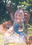  1girl animal apple bird blue_dress bow bug butterfly commentary commentary_request copyright_request deer dress flower food fox fruit grass highres insect leaf maccha_(mochancc) pineapple red_eyes shoes squirrel tagme white_hair 