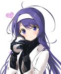  1girl ahoge black_gloves black_sweater blue_eyes blue_hair blush chaesu coat coffee_cup cup disposable_cup gloves hairband heart highres huge_ahoge long_hair looking_at_viewer orie_(under_night_in-birth) solo sweater turtleneck turtleneck_sweater under_night_in-birth white_coat white_hairband winter_clothes winter_coat 