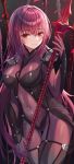  1girl bodysuit breasts covered_navel eyebrows_visible_through_hair fate/grand_order fate_(series) gae_bolg hair_intakes highres holding holding_weapon large_breasts leotard light_smile looking_at_viewer multiple_weapons munseonghwa pauldrons polearm purple_bodysuit purple_hair purple_leotard red_eyes scathach_(fate)_(all) scathach_(fate/grand_order) shoulder_armor solo spear weapon 