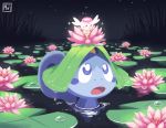  :o blue_eyes commentary creature english_commentary flabebe flower gen_6_pokemon gen_8_pokemon lily_pad mintfoox nature night night_sky no_humans on_head outdoors partially_submerged pokemon pokemon_(creature) pokemon_on_head sky sobble star_(sky) starry_sky water 