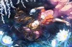  1girl aerith_gainsborough blurry_foreground bracelet breasts brown_hair cat_princess cleavage commentary_request dress eyelashes feet_out_of_frame final_fantasy final_fantasy_vii floating floating_hair flower forehead green_eyes hair_intakes jacket jewelry long_hair lying medium_breasts necklace on_back partially_submerged pink_dress red_jacket short_sleeves sidelocks signature smile solo submerged very_long_hair water 