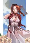  1girl aerith_gainsborough bl00d_h00d blue_sky breasts brown_hair cloud cropped_jacket day dress drill_hair final_fantasy final_fantasy_vii flower green_eyes highres jacket long_dress long_hair medium_breasts open_clothes open_jacket outdoors pink_dress red_jacket short_sleeves side_drill sky solo tri_drills white_flower 