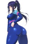  1girl absurdres ass bangs blue_bodysuit blue_hair blush bodysuit breasts closed_mouth cowboy_shot from_side hair_tie half-closed_eyes hand_on_hip high_ponytail highres light_smile long_hair looking_at_viewer looking_back love_live! love_live!_sunshine!! matsuura_kanan medium_breasts ponytail purple_eyes shinonon_(iso_shino) shiny shiny_clothes shiny_hair sidelocks simple_background skin_tight smile solo standing swept_bangs tail thick_thighs thighs turtleneck wetsuit white_background zipper 