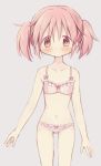  1girl :o absurdres alternate_costume arms_at_sides bare_arms bare_legs bare_shoulders blush bra breasts collarbone commentary dot_nose eyebrows_visible_through_hair eyes_visible_through_hair frilled_bra frills furrowed_eyebrows grey_background hair_between_eyes highres hitode kaname_madoka legs_apart looking_at_viewer mahou_shoujo_madoka_magica messy_hair navel open_mouth panties pink_bra pink_eyes pink_hair pink_panties pink_ribbon pink_theme ribbon shaded_face shiny shiny_hair short_twintails sidelocks simple_background small_breasts solo standing stomach striped striped_panties twintails underwear underwear_only upper_body 