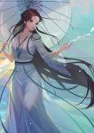  1girl absurdres black_hair blonde_hair blue_eyes breasts brown_hair character_request chinese_clothes colored_inner_hair crying crying_with_eyes_open feet_out_of_frame floating_hair fog glowing hair_flowing_over hair_ornament hair_stick hair_strand half_updo hanfu highres holding holding_umbrella ichisaku jade_(gemstone) long_hair long_sleeves looking_away looking_to_the_side medium_breasts multicolored_hair oriental_umbrella outstretched_arm parted_lips red_lips ribbon sash see-through solo standing tears umbrella very_long_hair white_snake_(2019_movie) wide_sleeves wind 