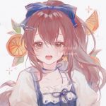  blue_dress bow brown_hair commentary commentary_request commission dress food fruit hair_bow hair_ribbon highres looking_at_viewer maccha_(mochancc) open_mouth orange_eyes ribbon tagme white_background white_dress 