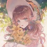  1girl brown_hair closed_mouth commentary commission copyright_request elf flower freckles green_eyes hair_flower hair_ornament hat highres leaf long_hair long_sleeves maccha_(mochancc) outdoors pointy_ears tagme 