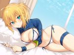  1girl :o ahoge artoria_pendragon_(all) bed bikini blonde_hair blue_eyes blush breasts cleavage curtains fate/grand_order fate_(series) hair_between_eyes iriehana looking_at_viewer lying medium_breasts mysterious_heroine_xx_(foreigner) navel no_hat no_headwear on_side pillow ponytail shrug_(clothing) sidelocks skindentation swimsuit thigh_strap white_bikini window wristband 