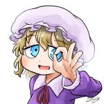  1girl avatar_icon blonde_hair blue_eyes chamaji collared_dress commentary dress eyebrows_visible_through_hair hat long_sleeves looking_at_viewer lowres maribel_hearn mob_cap neck_ribbon ok_sign open_mouth purple_dress red_ribbon ribbon short_hair signature smile touhou upper_body white_background 