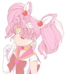  1girl bishoujo_senshi_sailor_moon bow bright_pupils candy chibi_usa choker circlet crescent crescent_earrings earrings elbow_gloves eyelashes food gloves hair_ornament hand_up heart heart_choker holding holding_lollipop jewelry kishi_torajirou lollipop long_hair pink_hair pink_sailor_collar red_bow red_eyes sailor_chibi_moon sailor_collar sailor_senshi_uniform simple_background solo twintails upper_body white_background white_gloves white_pupils yellow_choker 