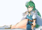  1girl arm_support bangs belt boots breasts cape capelet closed_mouth commentary deekei feather_trim fire_emblem fire_emblem:_the_blazing_blade fire_emblem_heroes gradient gradient_background green_eyes green_hair hair_ornament highres knee_boots long_hair looking_at_viewer lyn_(fire_emblem) medium_breasts pelvic_curtain shiny shiny_hair shiny_skin short_sleeves signature simple_background sitting solo thighs tied_hair 
