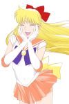  1girl :d aino_minako bangs bishoujo_senshi_sailor_moon blonde_hair blue_bow bow circlet covered_navel cowboy_shot eyebrows_visible_through_hair floating_hair hair_bow highres kishi_torajirou long_hair looking_at_viewer miniskirt open_mouth orange_sailor_collar orange_skirt pleated_skirt purple_eyes red_bow sailor_collar sailor_senshi_uniform sailor_venus simple_background skirt sleeveless smile solo straight_hair teeth white_background 