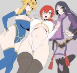  3girls absurdres ahoge artoria_pendragon_(all) artoria_pendragon_(lancer) blue_legwear blush boudica_(fate/grand_order) breasts circlet cleavage cleavage_cutout curvy fate/grand_order fate_(series) funaya_(a2brasd) green_eyes hair_between_eyes highres large_breasts long_hair looking_at_viewer minamoto_no_raikou_(fate/grand_order) mother&#039;s_day multiple_girls navel open_mouth smile thighhighs 