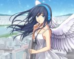  1girl black_hair blue_eyes blurry cityscape commentary_request day depth_of_field dress eyebrows_visible_through_hair feathered_wings finger_to_mouth headphones highres long_hair looking_at_viewer nail_polish original outdoors partial_commentary setu_kurokawa shushing solo sundress wings 