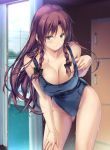  1girl absurdres ass_visible_through_thighs bangs bare_arms bare_shoulders black_bow blue_swimsuit blush bow braid breasts brown_hair cleavage collarbone commentary_request cowboy_shot eyebrows_visible_through_hair green_eyes groin hair_bow highres hong_meiling large_breasts leaning_forward long_hair looking_at_viewer moneti_(daifuku) no_hat no_headwear one-piece_swimsuit smile solo standing swimsuit thighs touhou twin_braids 