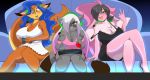  anthro blue_hair breasts canid canine carmelita_fox cleavage clothed clothing controller female fox furniture gaming group hair joycon lagomorph leporid long_hair mammal mastergodai microphone open_mouth pink_hair rabbit reiko_usagi sly_cooper_(series) sofa sony_corporation sony_interactive_entertainment sucker_punch_productions underwear video_games white_hair 