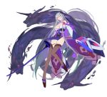  1girl ark_order bare_shoulders breasts grey_hair hair_between_eyes holding holding_sword holding_weapon katana large_breasts monster parted_lips red_cucumber red_eyes smile solo sword weapon wide_sleeves 
