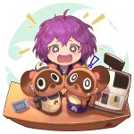  +_+ 1girl 2boys apron baseball_cap bernadetta_von_varley cash_register crossover doubutsu_no_mori fire_emblem fire_emblem:_three_houses garreg_mach_monastery_uniform grey_eyes hat highres mamekichi_(doubutsu_no_mori) multiple_boys nakabayashi_zun open_mouth purple_hair raccoon short_hair tsubukichi_(doubutsu_no_mori) uniform 