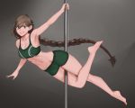  1girl absurdres armpits bangs bare_arms bare_legs bare_shoulders barefoot braid breasts brown_hair collarbone commentary commission full_body green_eyes hair_between_eyes highres less long_hair medium_breasts midriff navel original parted_lips pole pole_dancing short_shorts shorts simple_background smile solo sports_bra very_long_hair 