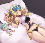  1girl armlet bare_shoulders blonde_hair blue_eyes blush bracelet breasts castor_(fate/grand_order) character_doll fate/grand_order fate_(series) gyukaku400 helmet highres jewelry long_hair looking_at_viewer lying on_back open_mouth pillow pollux_(fate/grand_order) solo 