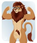  absurd_res animal_genitalia anthro balls eyewear felid feline fully_sheathed fur genitals glasses hi_res kwik_(artist) leon_goldenmane lion male mammal mane pantherine pinup pinup_pose pose pubes sheath solo tan_body tan_fur 