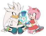  2019 absurd_res accessory amy_rose anthro clothing duo eulipotyphlan female footwear gloves green_eyes hair_accessory hairband handwear hedgehog hi_res male mammal open_mouth open_smile rellyia silver_the_hedgehog simple_background sitting smile sonic_the_hedgehog_(series) tuft video_games yellow_eyes 