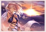  1girl :d ^_^ absurdres arm_at_side arm_up backlighting bare_shoulders blush border breasts casual_one-piece_swimsuit cleavage closed_eyes collarbone commentary_request fate/grand_order fate_(series) floating_hair gradient_sky grin highres hiro_(hirohiro_gorira) huge_filesize large_breasts lens_flare long_hair miyamoto_musashi_(fate/grand_order) miyamoto_musashi_(swimsuit_berserker)_(fate) ocean one-piece_swimsuit open_mouth outdoors pink_hair see-through shawl sky smile solo sun sunlight sunset swimsuit teeth upper_body water white_border wind 