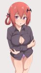  1girl :o black_shirt blush breast_hold breasts cleavage collared_shirt crossed_arms demon_girl gabriel_dropout hair_ornament highres kurumizawa_satanichia_mcdowell large_breasts long_sleeves looking_at_viewer nyaroon open_mouth panties purple_eyes red_hair shirt simple_background solo standing striped striped_panties sweatdrop unbuttoned unbuttoned_shirt underwear white_background 