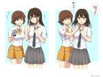  2girls absurdres aqua_eyes blush brown_hair closed_eyes highres honda_mio hot idolmaster idolmaster_cinderella_girls jewelry left-to-right_manga long_hair multiple_girls necklace necktie pleated_skirt school_uniform setu_kurokawa shibuya_rin short_hair simple_background skirt yellow_eyes 