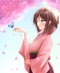  1girl :d animal_on_hand blush bow brown_hair bug butterfly cherry_blossoms drill_hair from_side hair_bow hakama harukaze_(kantai_collection) highres insect japanese_clothes kantai_collection kimono meiji_schoolgirl_uniform open_mouth petals pink_kimono red_bow red_eyes red_hakama smile solo toyomi_13 twin_drills 