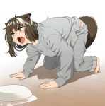  1girl all_fours animal_ears barefoot blush bowl brown_hair fangs full_body green_eyes grey_pants grey_shirt long_sleeves looking_away mattaku_mousuke on_floor open_mouth original pants shirt sleeves_past_wrists solo spill sweat tail white_background wooden_floor 