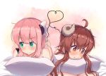  2girls after_sex ahoge blush brown_eyes brown_hair chiyoda_momo commentary curled_horns demon_girl demon_horns demon_tail eyebrows_visible_through_hair hair_ornament highres horns long_hair looking_away machikado_mazoku multiple_girls pillow pillow_hug pink_hair shiny shiny_hair short_hair suzushi_moruto tail yoshida_yuuko_(machikado_mazoku) yuri 