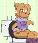  2020 anthro bathroom bittersweet_candy_bowl blush bottomwear breasts clothed clothing domestic_cat embarrassed felid feline felis female fur hi_res jeans lani_(bcb) looking_at_viewer mammal medallion notmypornaccount open_mouth panties pants simple_background sitting solo tan_body tan_fur teacher toilet toilet_paper toilet_use topwear underwear webcomic zipper 