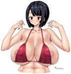  1girl :&lt; abs areola_slip areolae artist_name bikini black_eyes black_hair breasts huge_breasts inverted_nipples navel onomeshin original red_bikini short_hair simple_background solo swimsuit white_background 