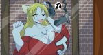  anthro behind_glass big_breasts blonde_hair breasts brick_wall cleavage clothed clothing eyes_closed female fur glass hair headphones long_hair mammal mastergodai microphone musical_note open_mouth singing solo studio white_body white_fur 