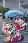  2020 ambiguous_gender amy_rose anthro backpack boots brown_eyes chao_(sonic) cheese_the_chao clothing cloud cream_the_rabbit detailed_background eulipotyphlan female footwear gloves green_eyes group handwear hedgehog hi_res lagomorph mammal plant raining shrub signature smile sonic_the_hedgehog_(series) tangopack umbrella video_games 