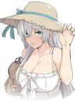  1girl anastasia_(fate/grand_order) aqua_eyes bare_shoulders blush breasts cleavage closed_mouth collarbone doll dress fate/grand_order fate_(series) hair_over_one_eye hat holding holding_doll large_breasts long_hair looking_at_viewer shiseki_hirame silver_hair simple_background smile sun_hat tongue tongue_out white_background white_dress 