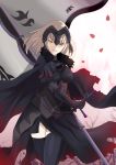  armor armored_dress bangs breasts cape fate/apocrypha fate/grand_order fate_(series) fur-trimmed_cape fur_collar fur_trim gauntlets headpiece highres jeanne_d&#039;arc_(alter)_(fate) jeanne_d&#039;arc_(fate)_(all) large_breasts short_hair silver_hair sword thighhighs tsurime user_vfds7445 weapon yellow_eyes 