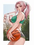  1girl artist_name ball bare_shoulders basketball basketball_hoop blush border bottle breasts chloe_(sciamano240) cowboy_shot earrings freckles from_side hair_tie highres holding holding_ball jewelry long_hair looking_at_viewer looking_to_the_side medium_breasts original outside_border parted_lips pink_eyes pink_hair pink_lips ponytail sciamano240 short_shorts shorts sidelocks signature smile solo sports_bra water_bottle white_border 